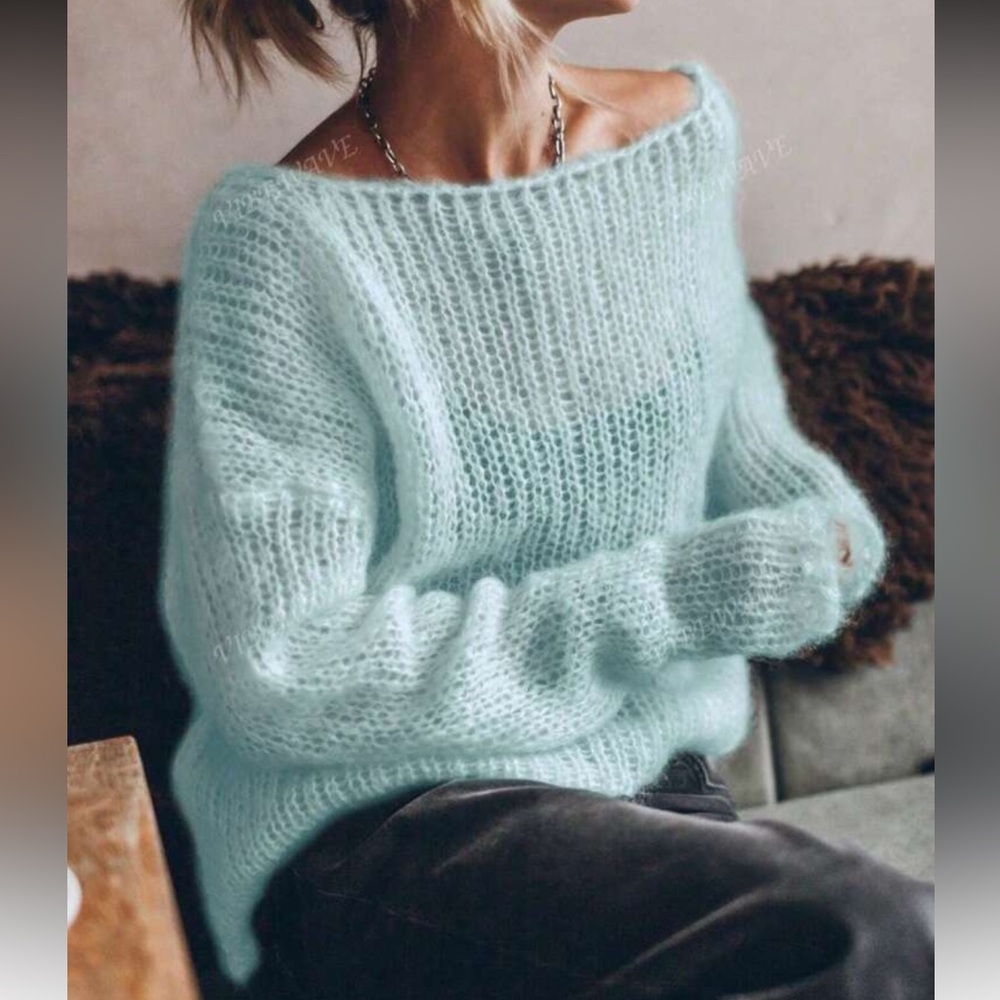Baby Blue Loose Fit Lightweight Long Sleeve Mohair Sweater - Picture 5 of 8
